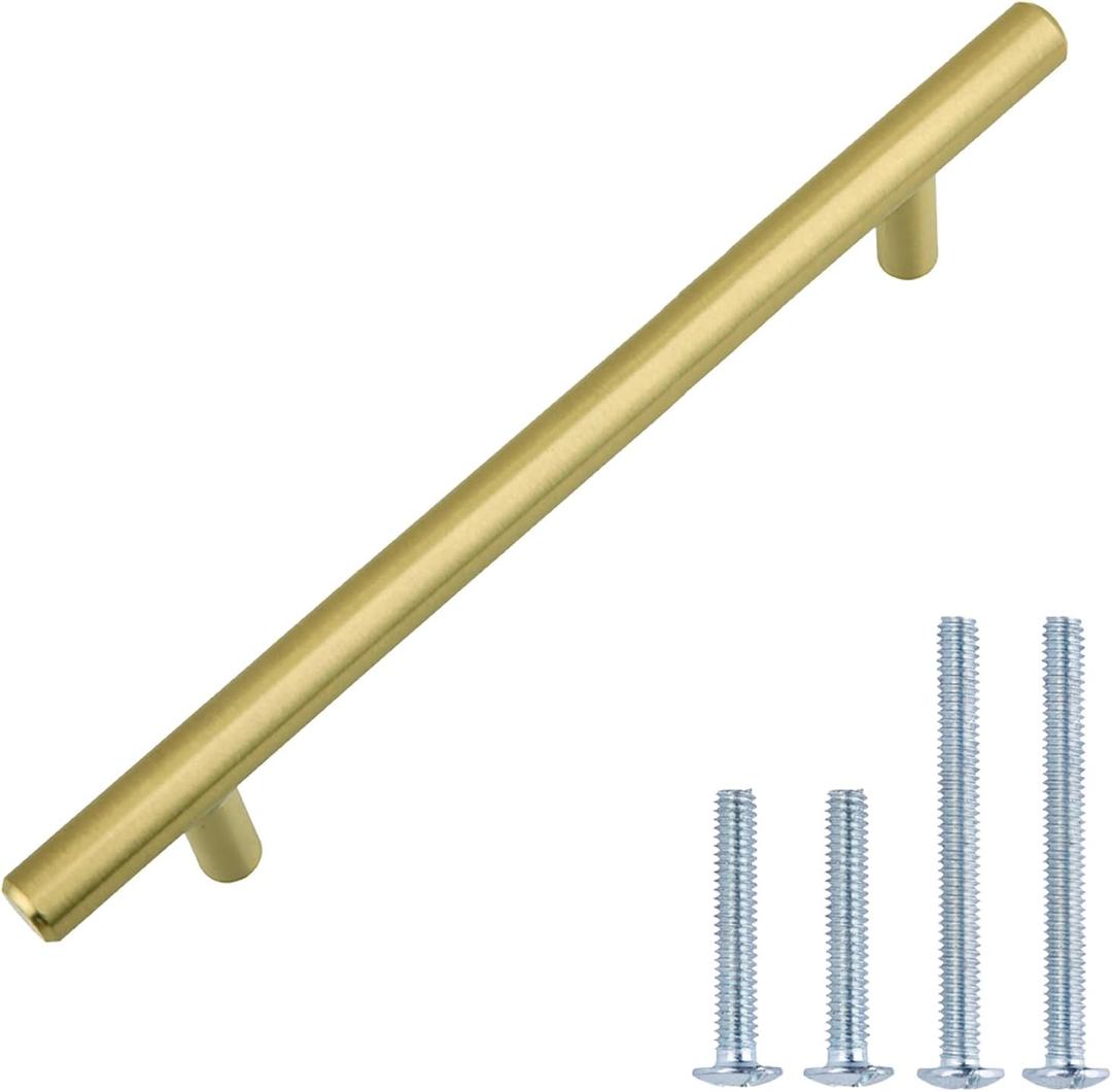 Amazon Basics Euro Bar Cabinet Handles, Kitchen Cabinet Pulls, Hardware for Cupboards, 1/2-inch Diameter, 7.38-inch Length, 5-inch Hole Center, Golden Champagne, 25-Pack