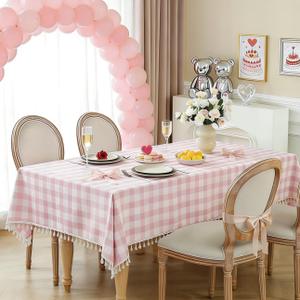 Laolitou Pink Checkered Spring Tablecloth Rectangle Washable Buffalo Plaid Table Cloth with Tassel Cotton Linen Gingham Table Cover for Dining Room, Pink, Rectangle 140x230cm 55x90IN