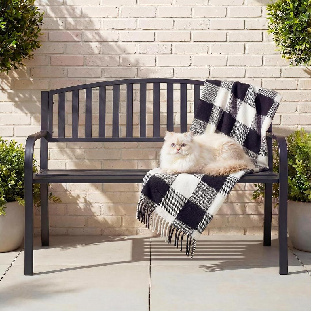 50" Outdoor Garden Bench, Iron Metal Frame Patio Bench with Backrest and Armrests, Weatherproof Anti-Rust Outdoor Bench for Front Porch, Park, Yard, Patio (402-32BK)