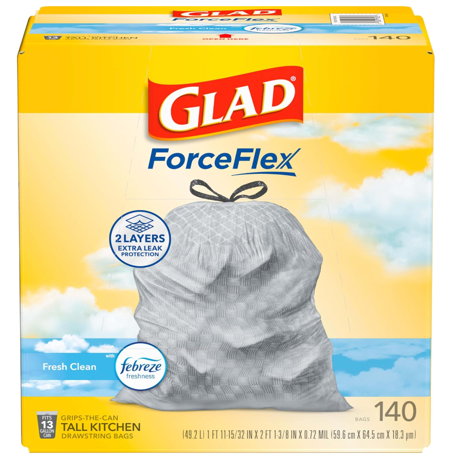 Glad ForceFlex Tall Kitchen Trash Bags, 13 Gallon, Fresh Clean, 140 Count