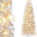 Decoway Pre-lit Pencil Christmas Tree 6ft Artificial Silver Tinsel Xmas Tree with Metal Stand