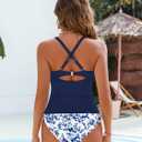 Women's Ruffle Two Piece Swimsuits Tummy Control Tankini V Neck Bathing Suits Modest Swimwear (Blue, XL)