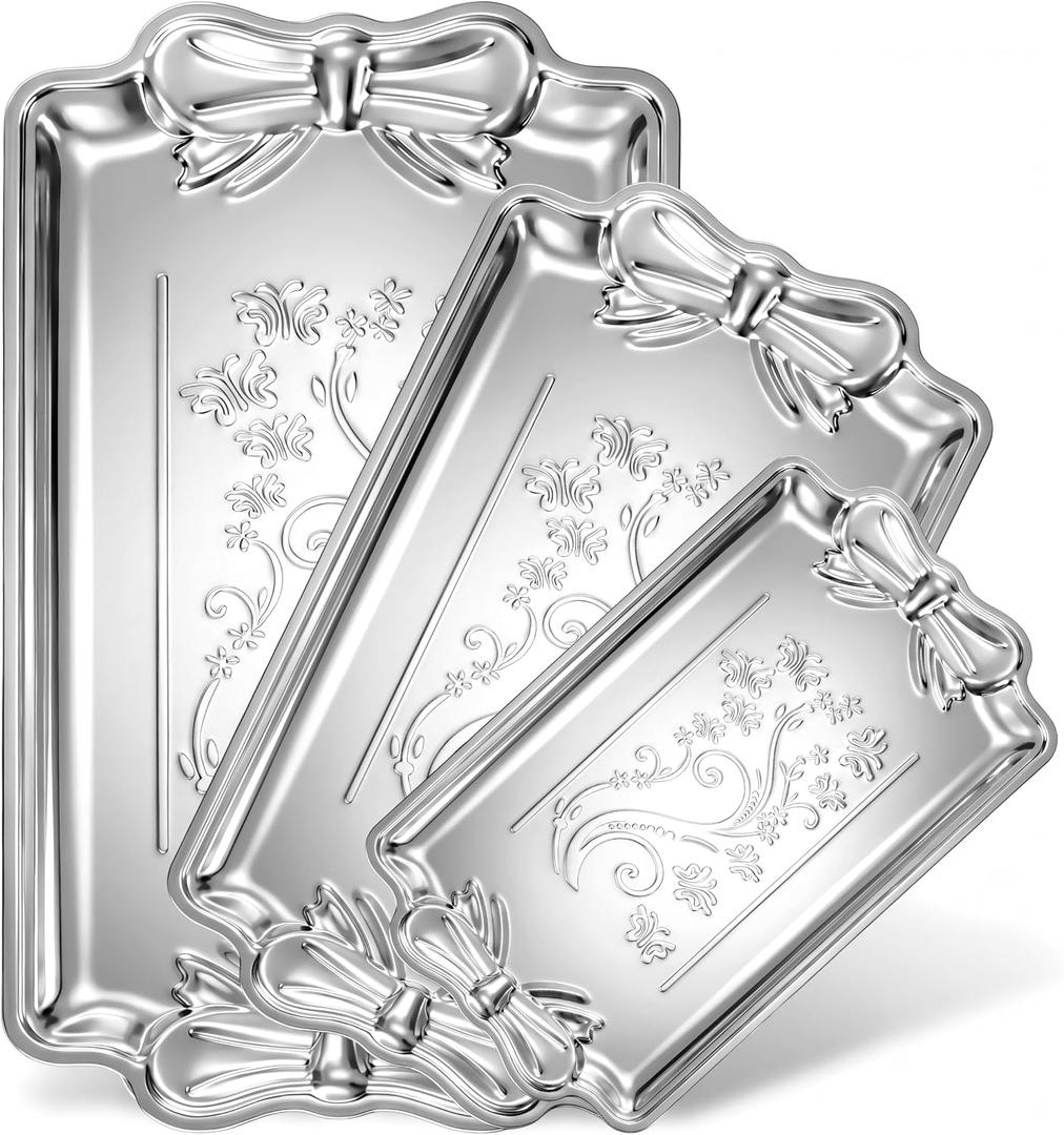 Rtteri 3 Pcs Serving Trays with Bow Knot, Silver Stainless Steel Embossed