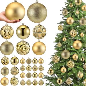 Soulchen 46 Pcs Gold Christmas Balls Ornaments Set, 3.94/3.15/2.36/1.57 Inch Shatterproof Christmas Tree Hanging Plastic Balls Xmas Ornaments Decor for Xmas Tree Wreath Party Decoration Supplies
