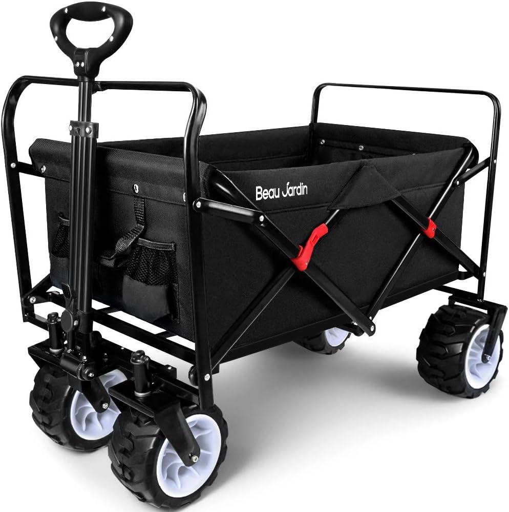 BEAU JARDIN Collapsible Folding Beach Wagon 460LBS Heavy Duty Foldable Wagon Grocery Utility Cart for Garden Sports Shopping Outdoor All Terrain Beach Wheel Black