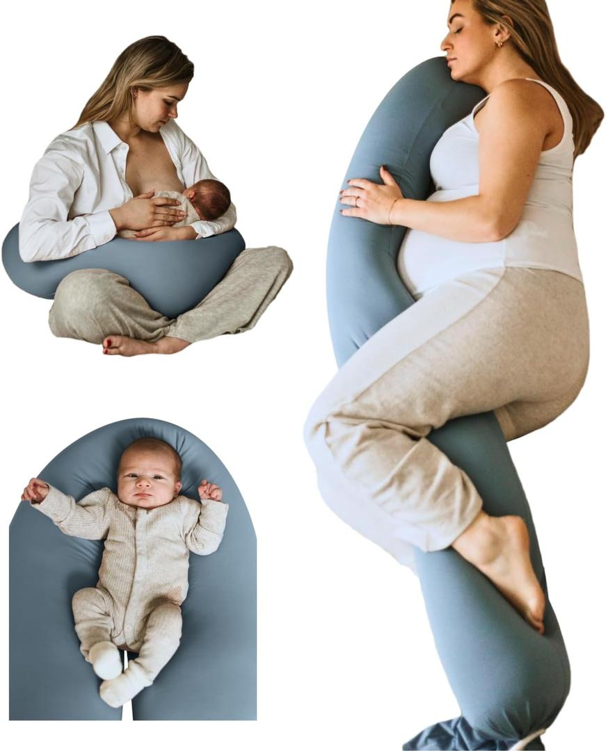 Cuddobaby Pregnancy Pillow 5-in-1 Cooling Cover, Adjustable Firmness Patented Lock Design, Turn into O-Shape Nursing Pillow, 5-Point Full Body Support, Maternity Pillow with Travel Bag - Blue