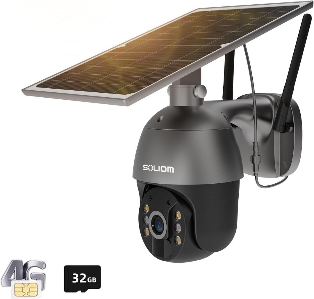 SOLIOM S600 3G/4G LTE Solar Powered Cellular Security Camera Wireless Outdoor, Pan Tilt 360View Spotlight, 1080p Night Vision, 2 Way Talk, PIR Motion Sensor, No WiFi, US Version, Unlimited Data Plan (Grey)