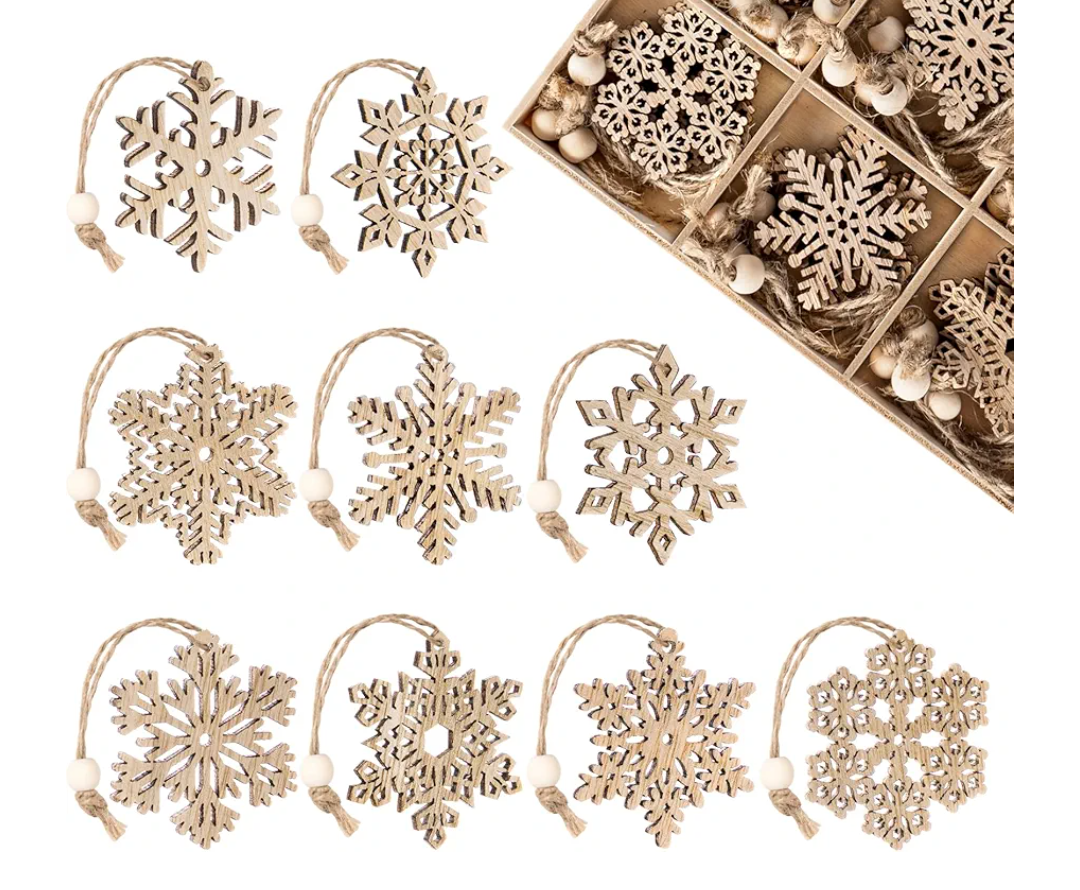 30 pcs Wooden Christmas Tree Snowflake Hanging Ornaments Christmas Decoration Ornament with Hemp Rope