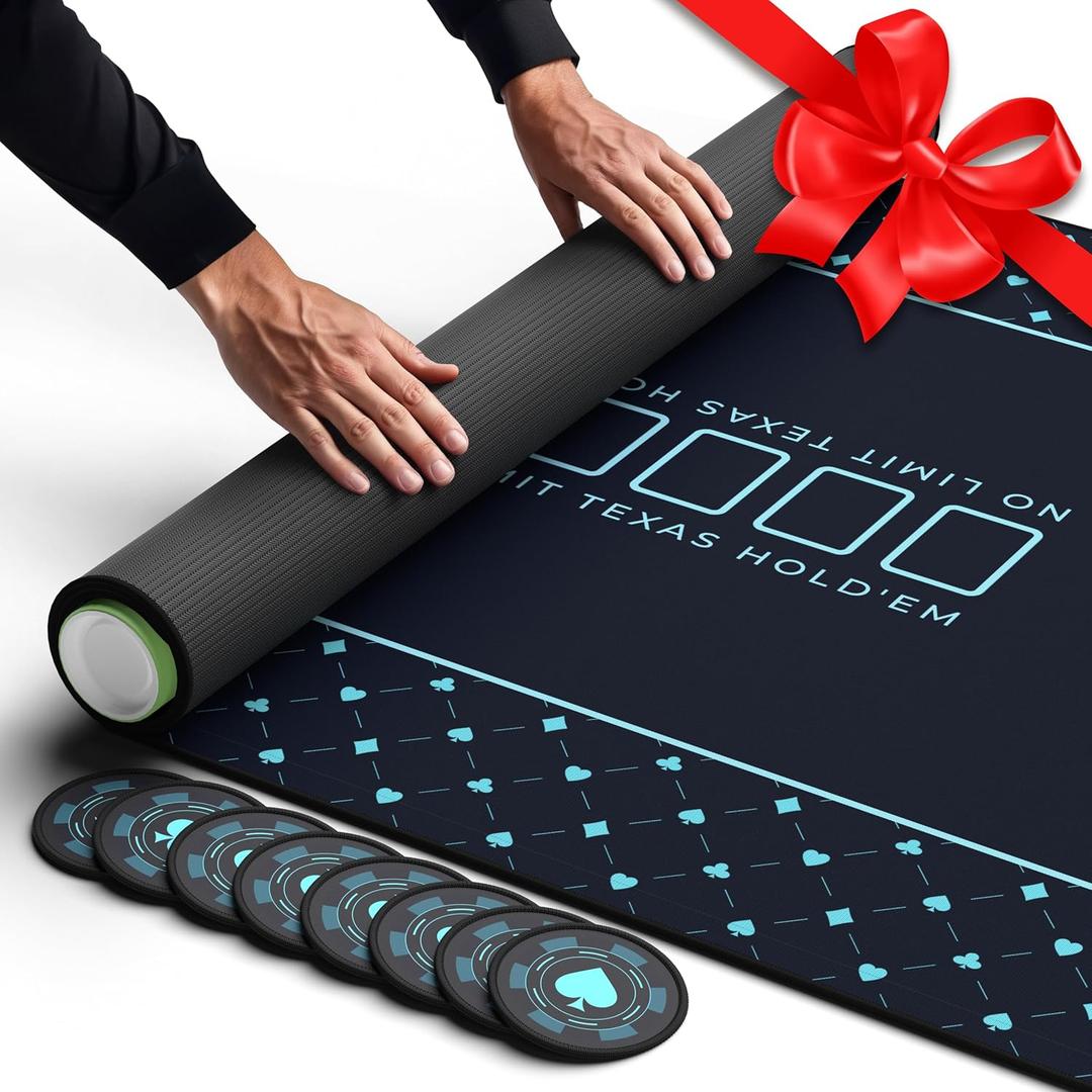 Newverest Poker Table Top 70" x 35", Texas Hold'em Poker Mat for Home Game Nights Up to 10 Players, Casino| Poker Topper Cloth for Tables in Zipper Storage Bag with 8 Coasters in Poker Gift-Ready Box (Blue)