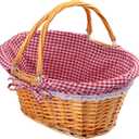 GNIEMCKIN 14 Inch Wicker Basket with Handle, Wicker Picnic Baskets with Red Liner, Oval Willow Woven Basket for Fruit, Wine, Wedding, Picnic