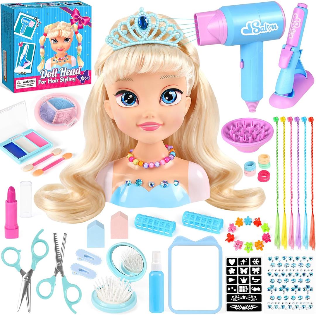 KUBUSFLY Hair Styling Doll Head Toys for Girls, Kids Makeup Hair Salon Pretend Play Styling Kit with Hairdryer, Curling Iron, Beauty Hair Stylist Toy Christmas Birthday Gift for Toddler Girls 3 4 5 6+
