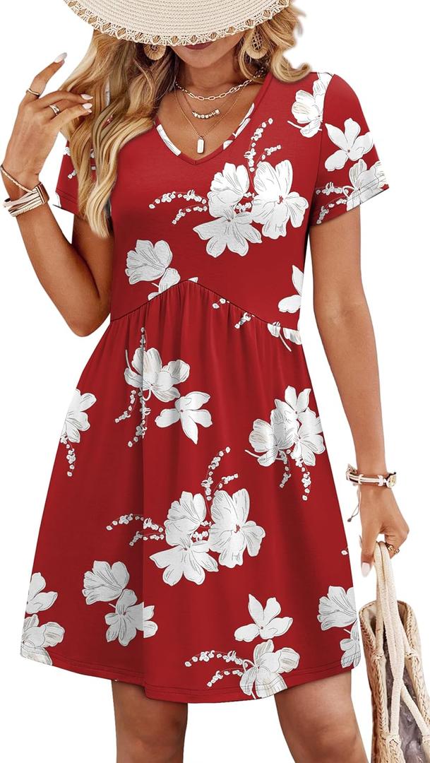 WIHOLL Dresses for Women 2026 Casual Summer V Neck Babydoll Dress Short Sleeve Fashion Beach Vacation Clothes (Red, M)