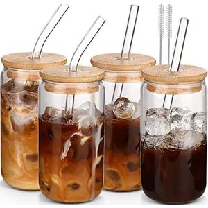 DWTS DANWEITESI Glass Cups with Lids and Straws 4 pcs, 16oz Drinking Glasses Set for Coffee Bar Accessories, Iced Coffee Cups with Lids, Matcha Cup Glass Tumbler Reusable for Gifts