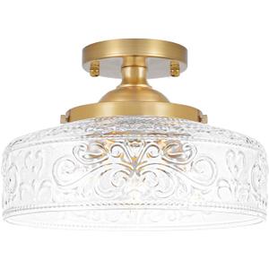 Gold Semi Flush Mount Ceiling Light, 3-Light Close to Ceiling Light with Globe Glass, Vintage Hallway Lights, Brass Closet Light Fixture, Kitchen Flush Ceiling Mount for Entryway Bedroom Bathroom,E12 (12in)