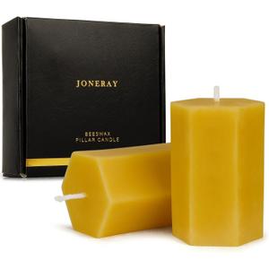 Natural Beeswax Pillar Candles 2x3Inch,Hand Poured Pure Beeswax Candles- Hexagon,Unscented Candle for Home Deco, Birthday Gift(Pack of 2) (Yellow)