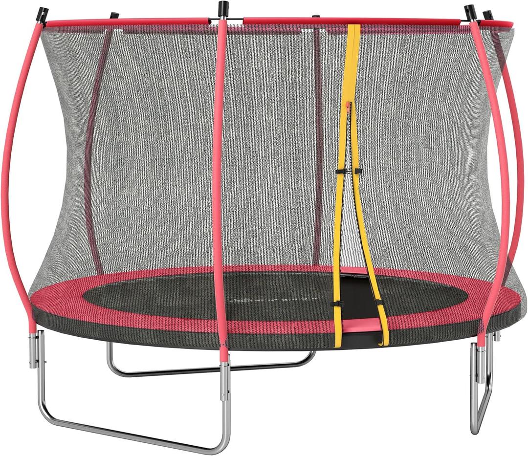 Soozier 8ft 10ft Trampoline Outdoor, Recreational Trampoline with Net Enclosure, Curved Poles and Safety Spring Cover for Adults (Red)