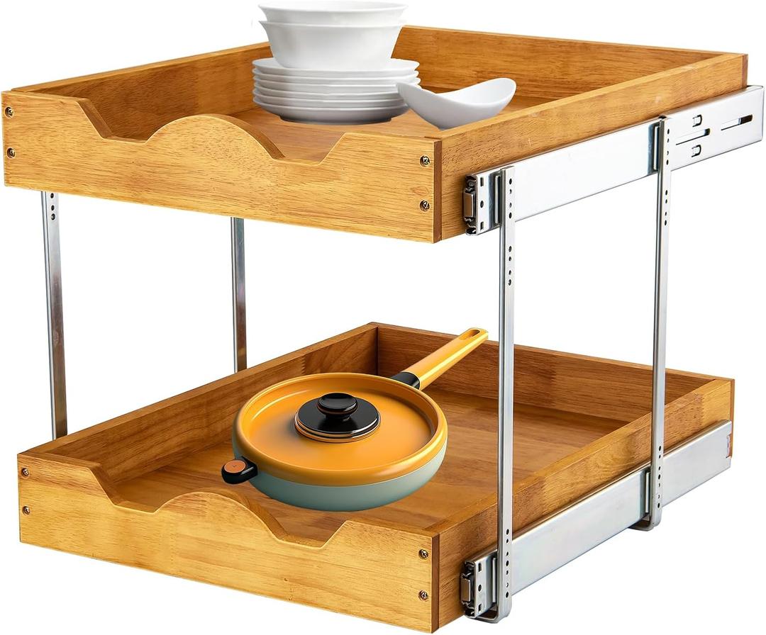 DINDON 2 Tier Pull Out Cabinet Organizer (14" W x 18" D) Slide Out Wood Drawer, Two Tier Sliding Shelf Organization and Storage