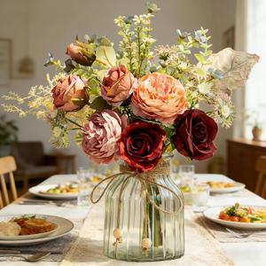 LSEING Fall Flowers Artificial with Vase for Centerpiece,Fake Silk Orange Rose Flower Arrangement in Glass Vase for Home Office Table Decoration (Orange)