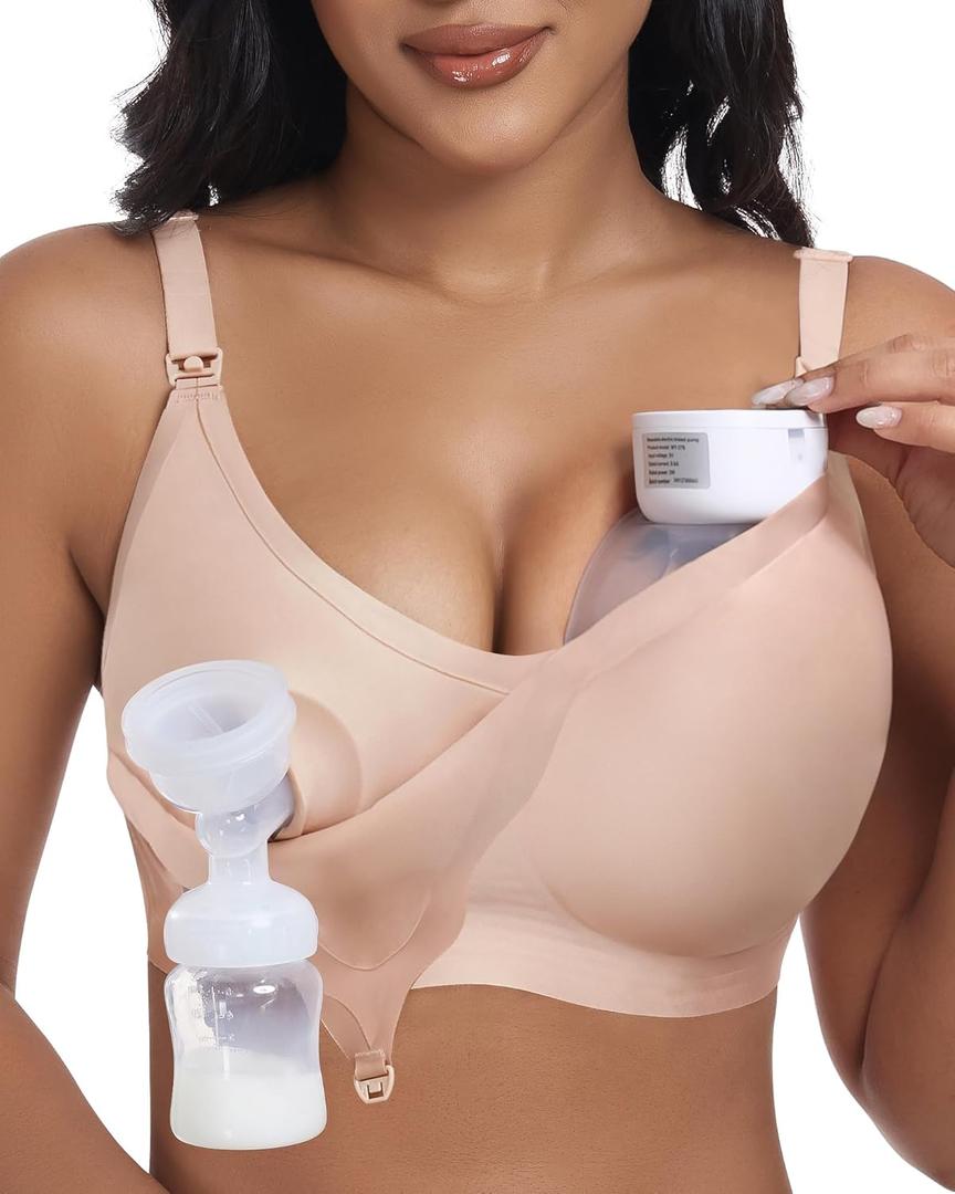 As Fairy Wireless Seamless Pumping Bra Hands Free Nursing Bra Wirefree Comfort Wearable Breast Pump Brass (Large Plus, Nude)