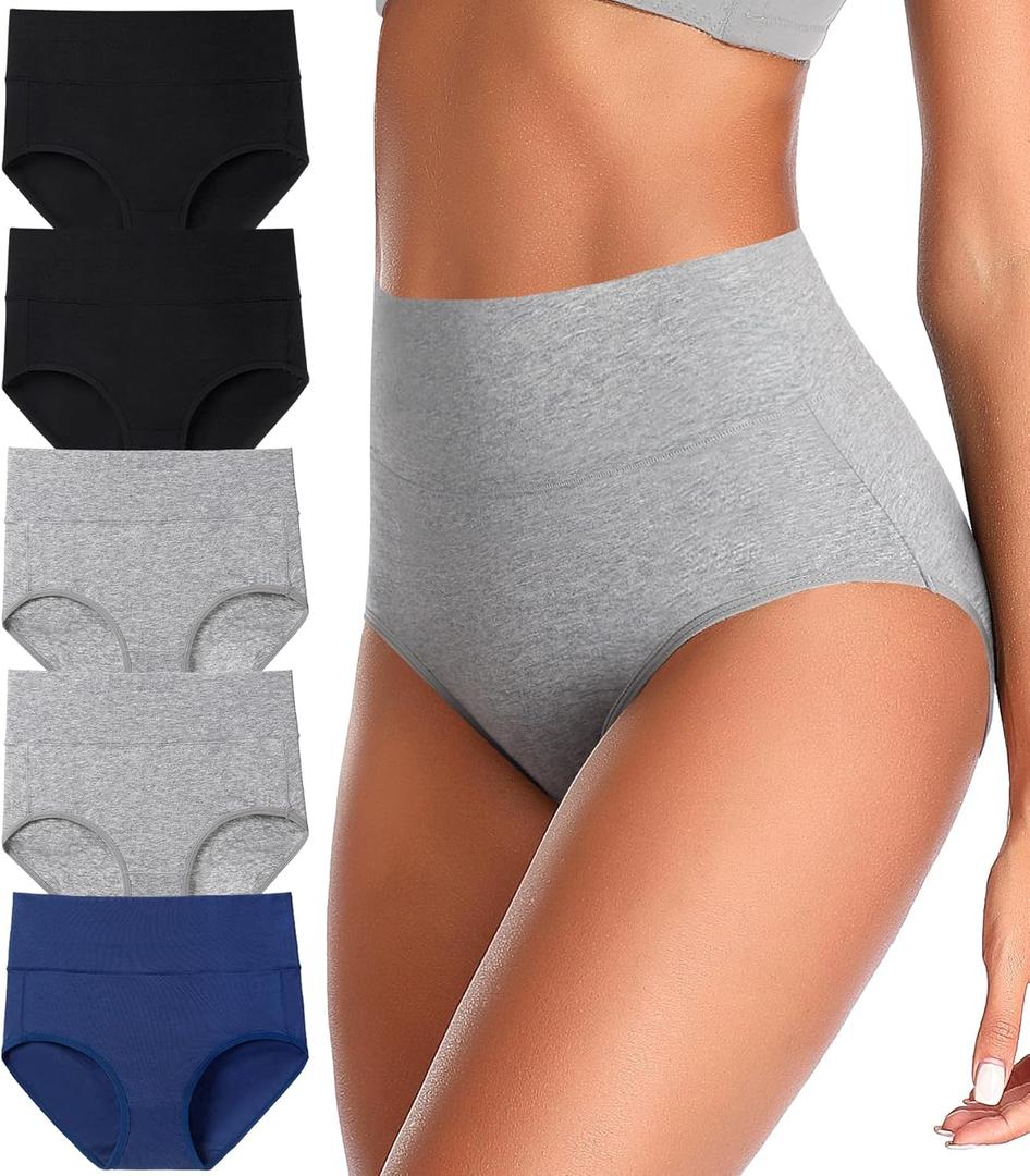 ASIMOON Tummy Control High Waisted Underwear for Women Cotton Plus Size Full Coverage Panties Ladies Briefs (Large, K-multicoloured-5 Pack)