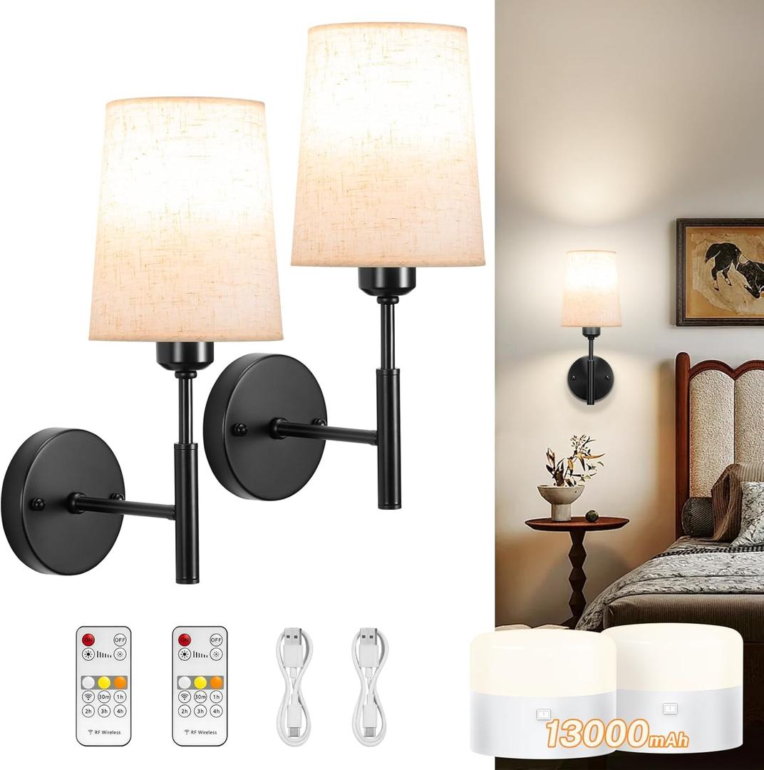 Wall Sconces Battery Operated, Battery Operated Wall Sconce with 13000mAh Magnetic Bulbs and Remotes, Rechargeable Wall Sconce Set of 2, Wireless Black Wall Lamp/Lights for Bedroom, Linen