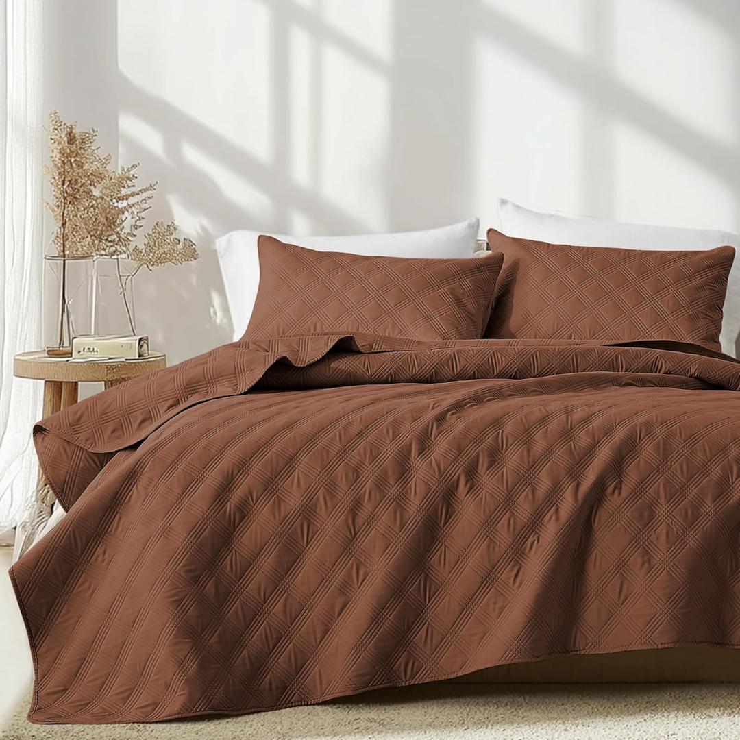 inron Quilt Set Twin Size, Brown Microfiber Ultrasonic Bedspreads, Lightweight Breathable Coverlet, Modern Geometric Pattern Thin Bedding Set for All Season (1 Quilt, 1 Pillow Sham) (Twin(68"x88"))