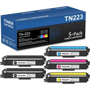 TN223 TN-223BK/C/M/Y Toner Cartridges Replacement for Brother TN-223BK TN223BK TN223 2BK/C/M/Y Toner HL-L3270CDW MFC-L3770CDW MFC-L3750CDW HL-L3210CW Printer Toner, 5 Pack