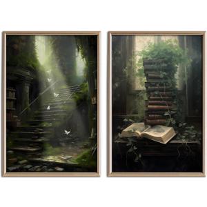 2Pcs Dark Academia Wall Art Vintage Moody Book Green Botanical Cottagecore Posters Prints Victorian Gothic Aesthetic Gallery Library Room Decor Pictures Unframed 12x16in