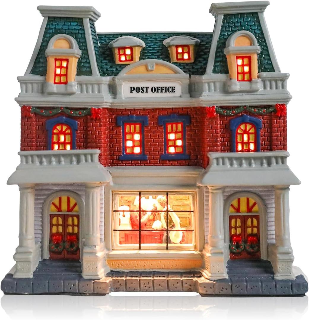 DREAM GARDEN Christmas Village House, Ceramic Post Office with LED Light Christmas Collectible Buildings for Tabletop Decoration Xmas Mantle Home Decor