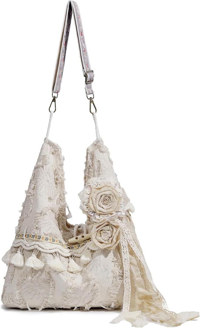 Boho Purses Bags for Women Hand Retro Tote Bag Shoulder Hobo Bag Casual Tassel Shoulder Handbag (Beige)