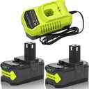 2 Packs 6ah P108 18V Battery and P117 Charger Compatible with Ryobi 18 Volt Batteries Lithium ion P100 P102 P103 P104 P105 P107 P108 P109 P119 P122 (Green)
