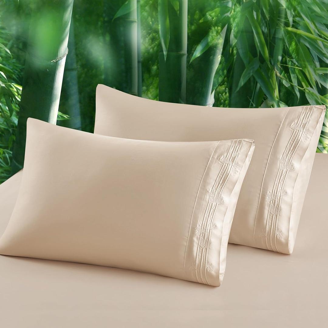 100% Viscose Derived from Bamboo Pillow Cases Set of 2, Breathable Cooling Pillowcases for Hot Sleepers, 600 Thread Count, Silky Soft, Standard Size, Khaki