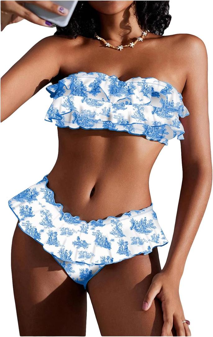 WDIRARA Women's Floral Bikini Set 2 Piece Bandeau Layered Ruffle Swimsuit Strapless Bathing Suit (Large, Blue and White)
