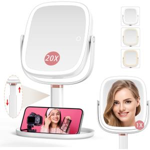 Mocado Makeup Mirror with Lights, 1X/20X Magnifying Mirror with Light, Vanity Mirror with 3 Colors Lights, Height Adjustable Lighted Makeup Mirror, Double Sided 360Rotation, Memory Function (White)
