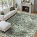 Area Rugs 9'x12' Washable Non-Slip, Floral Vintage Distress Print Pattern Medallion Carpet for Living Room Bedroom Dining Room, Dark Green Gray