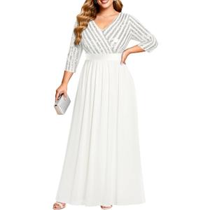 Talisea Womens Plus Size Formal Dresses - V Neck 3/4 Sleeve Sequin Prom Evening Gowns Long Maxi Dress (White) 16 plus