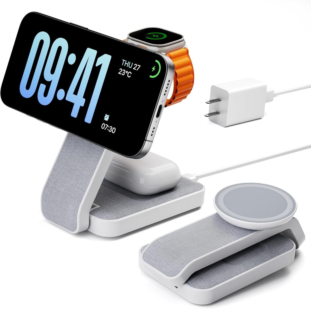 3 in 1 Foldable Wireless Travel Charging Station for MagSafe, Nightstand Magnetic Charger Stand for iPhone 17 16 15 14 Pro Max, Charging Dock with Night Light for Apple Watch/AirPods (White) 
