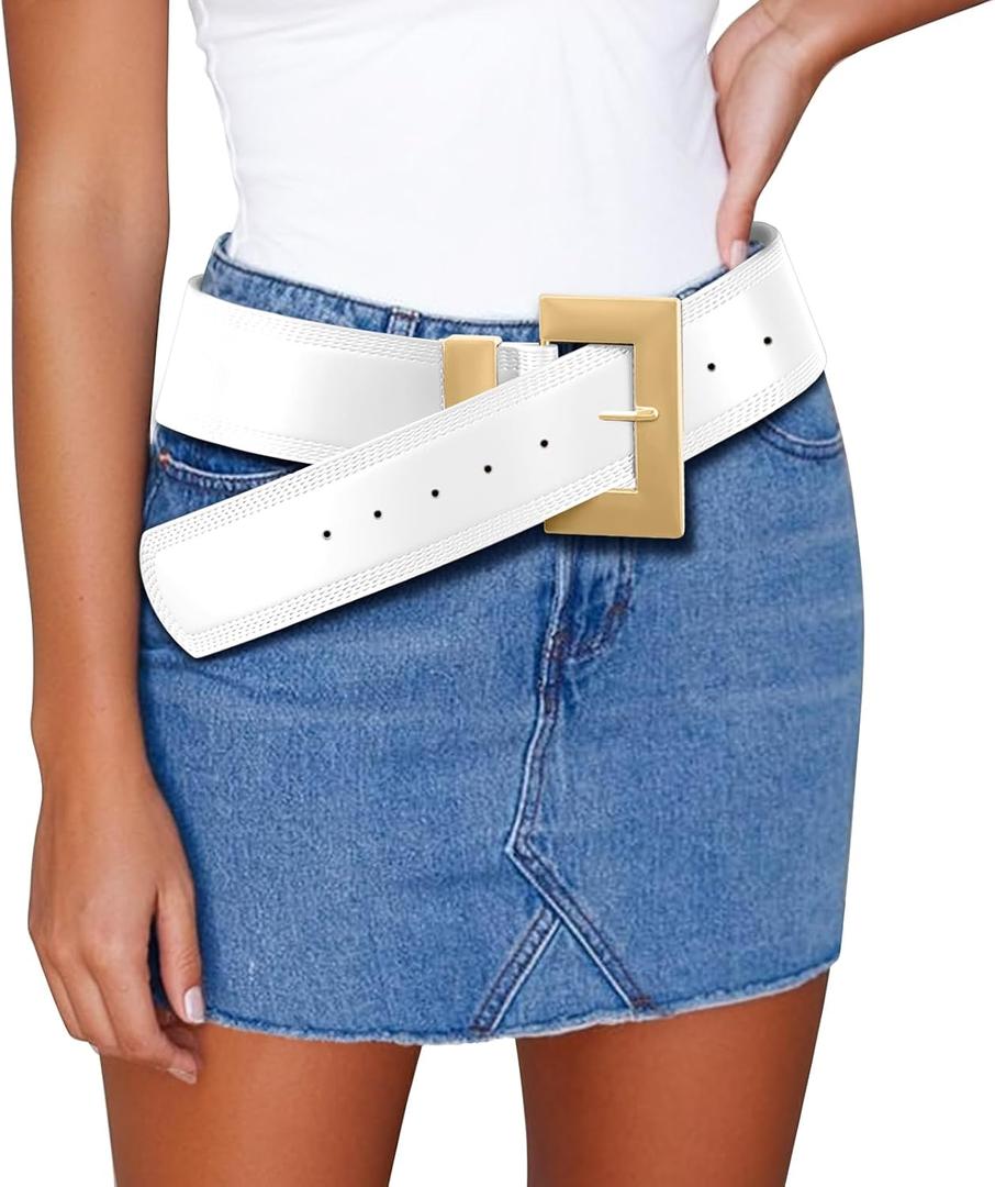 Chunky Western Belts for Woman, Boho Leather Belt with Big Buckle, Cowgirl Hip Fashion Accessory for Dresses (White-classic Style With Gold Buckle, M: Fit Waist Size 31"-36")