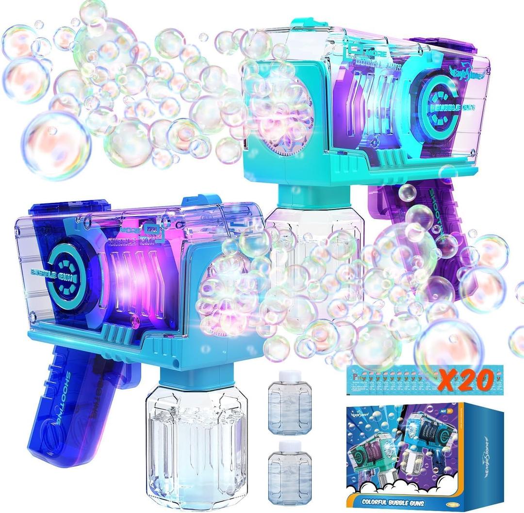 Eaglestone Bubble Gun for Kids 2 Packs, Automatic Bubble Machine, 10-Hole Bubbles Wands Blaster for Toddlers with LED Lights & Solution, Easter, Party Favor, Outdoor Toys for Boys & Girls (Blue,purple)