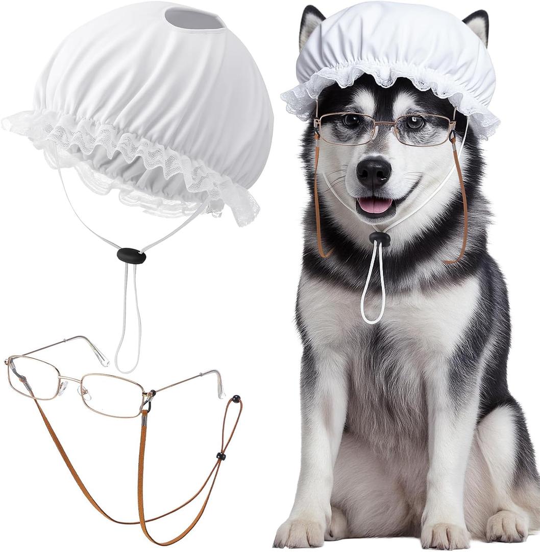 Haysandy 2 Pcs Old Lady Costume for Dog Mop Cap Grandma Glasses with Strap for Halloween Party Cosplay Wolf Granny Costume with Little Red Riding Hood Accessory for Small Medium Large Dogs