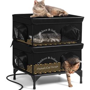 2 Story Heated Cat House for Outside, 100% Waterproof, Safe Escape Door, Elevated Base, Weatherproof Insulated Shelter for Stray Feral Barn Cat