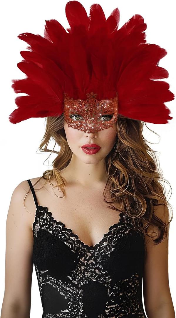 JEGERMIG Green Feather Masquerade Mask Headwear Carnival Headpiece Showgirl Cosplay Accessories for Women (Red)