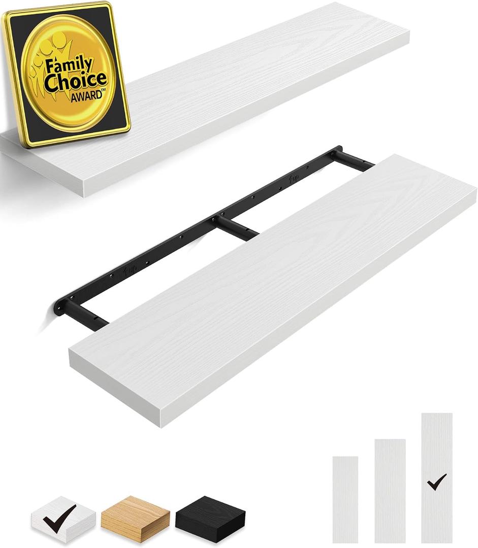 BAYKA Floating Shelves for Wall, 36 inches Long Wall Mounted Rustic Wood Shelves for Bathroom, Bedroom, Living Room, Kitchen, Office, Hanging Shelf for Books/Storage/Decor (White, Set of 2)