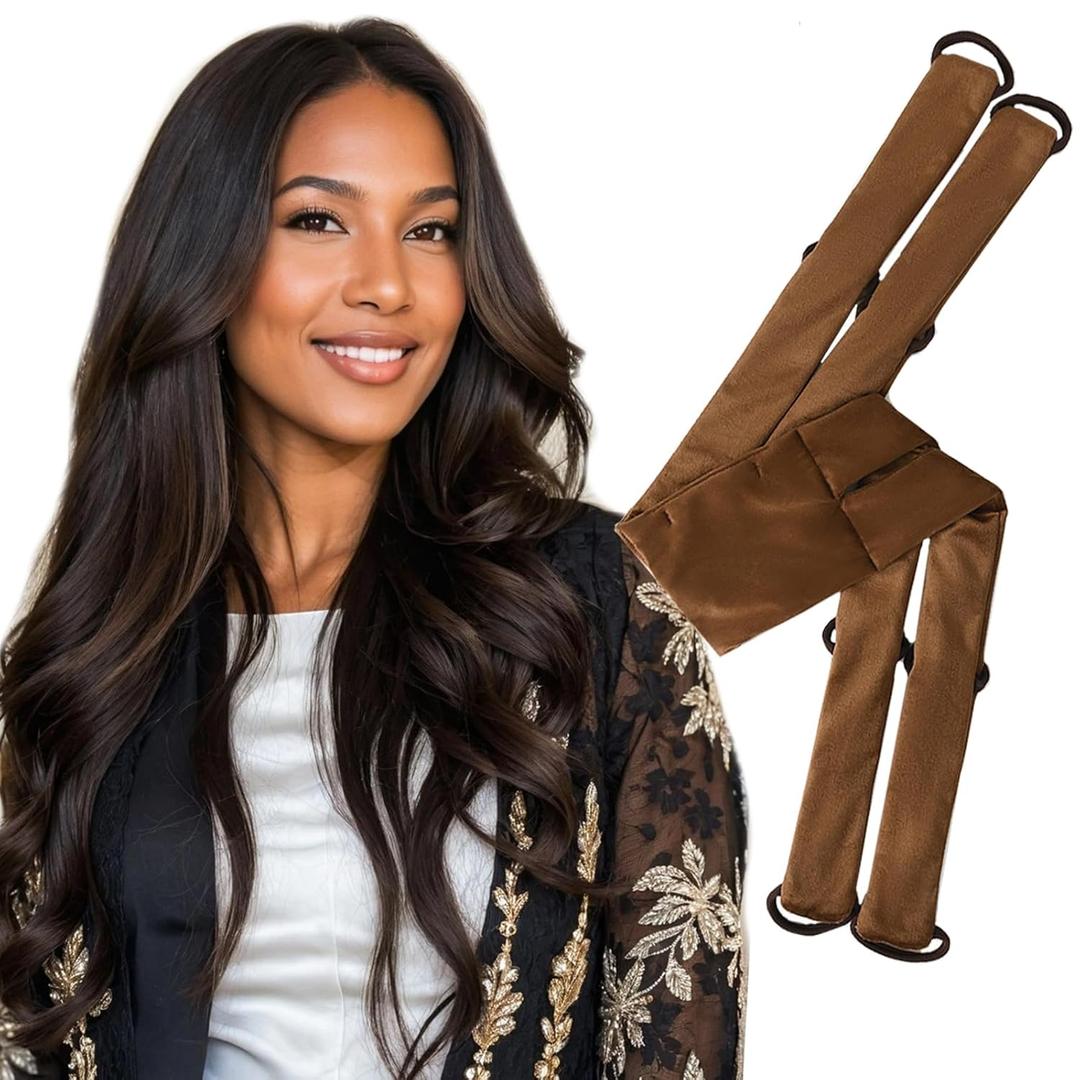 Heatless Curlers Overnight,No Heat Hair Curler for Overnight Beach Waves, Heatless Hair Curlers to Sleep In,Velvet Heatless Hair Curler with Clips for Long Short Hair(Brown)