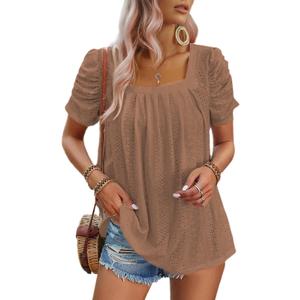 Dokotoo Women's Hollow Pleated Short Sleeves Square Neck Casual Loose Solid Color Knit T Shirts Tops Blouses (Brown, L)