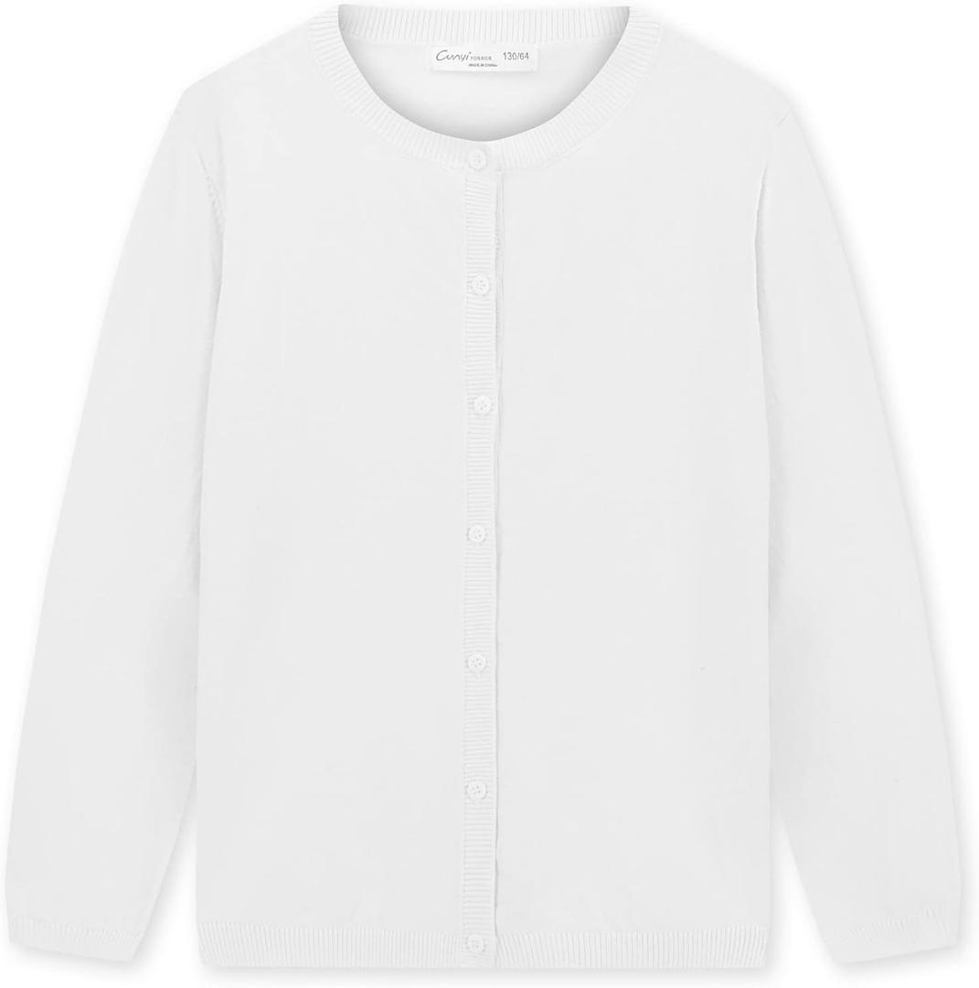 CUNYI Girl's Crewneck Lightweight Button-up Cardigan Cotton Knit Sweater Casual Cute Outerwear, White, 140