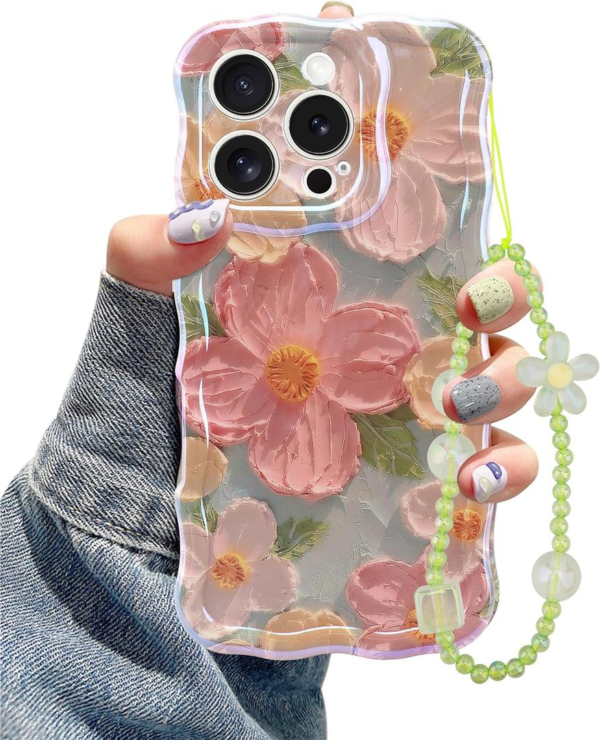 Jusy Oil Painting Flower Compatible with iPhone 14 Pro Case, with Bracelet Chain, Colorful Retro Floral Cute Curly Wave Frame Women Girls-Green
