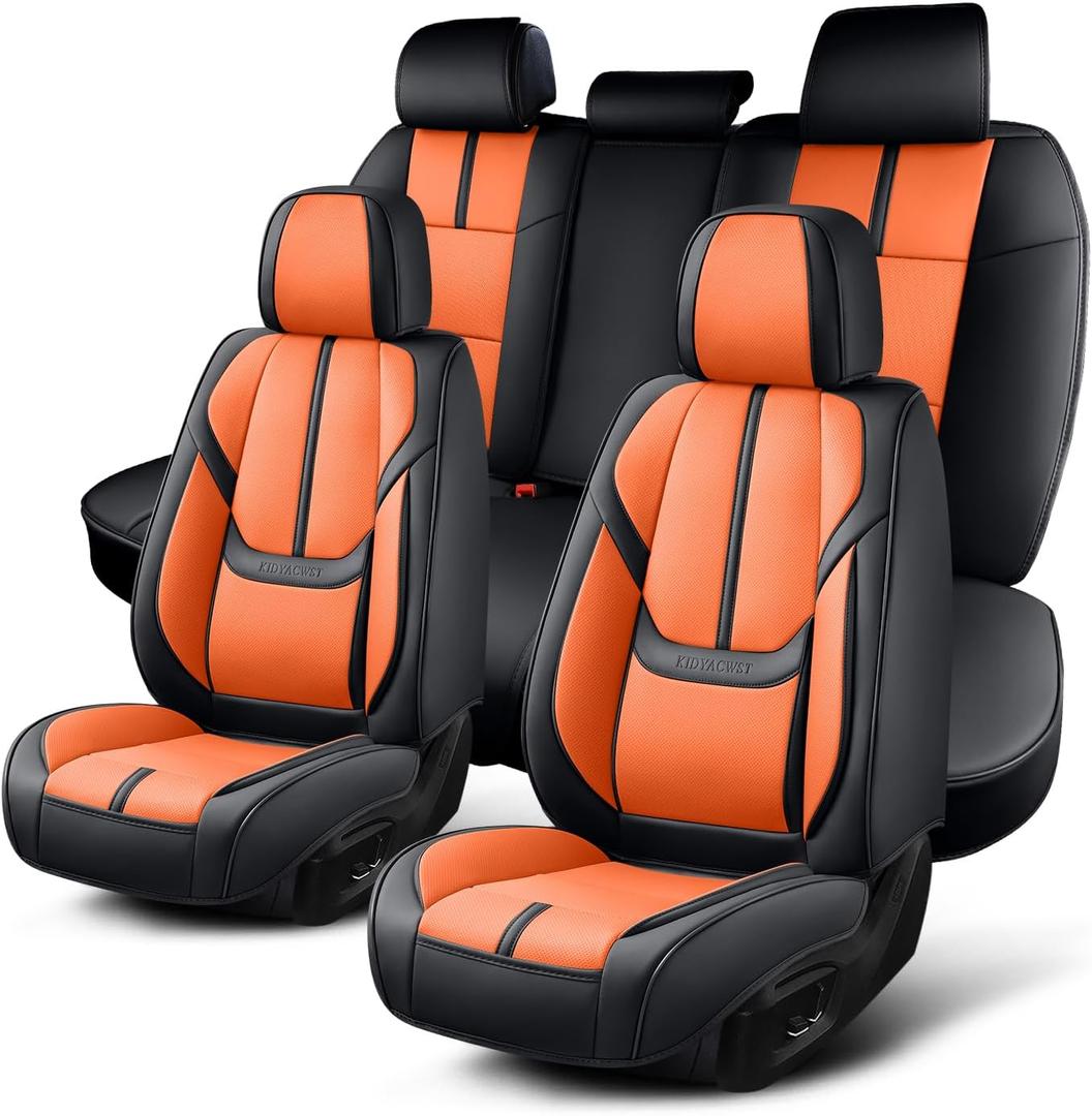 Auto Car Seat Covers Accessories Full Set Leather Cushion Protector Breathable Waterproof Seat Cover for Cars Universal Fit (Black&Orange, FullSet Without Headrest)