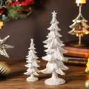 Pinkunn 2 Pcs White Christmas Tree Figurines Glitter Resin Christmas Tree Table Decorations Modern Decorative Xmas Trees Table Centerpiece for Holiday Mantel Indoor Home Decor