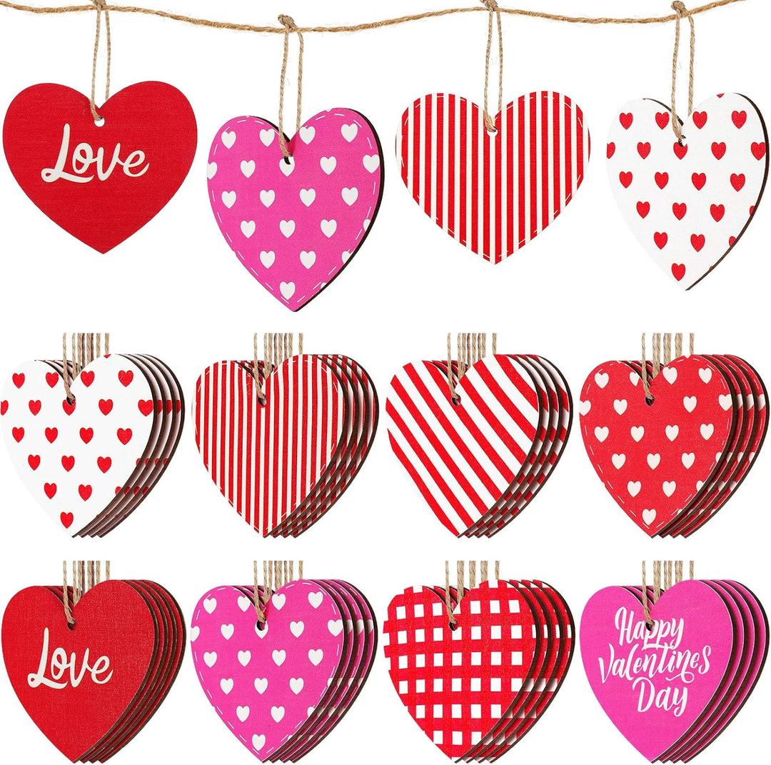 Jetec 40 Pieces Valentine's Day Tree Ornaments Pink Red White Wooden Heart Hanging Decoration Love Striped Plaid Heart Tags with String for Valentines Embellishments Craft Home Office Wall Decor